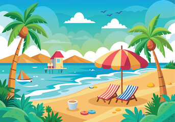 Obraz premium A beach scene with a red and yellow umbrella and two lounge chairs