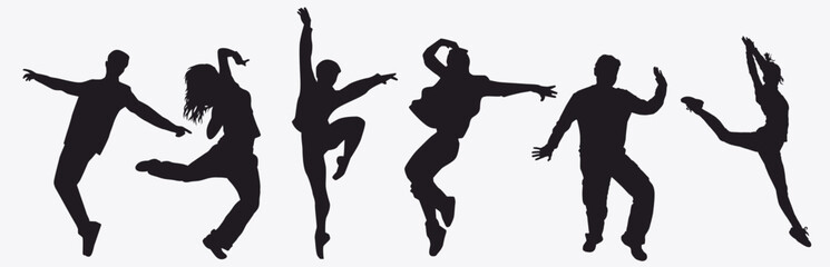 Set of dancing people silhouette. Crowd of young people dancer. 