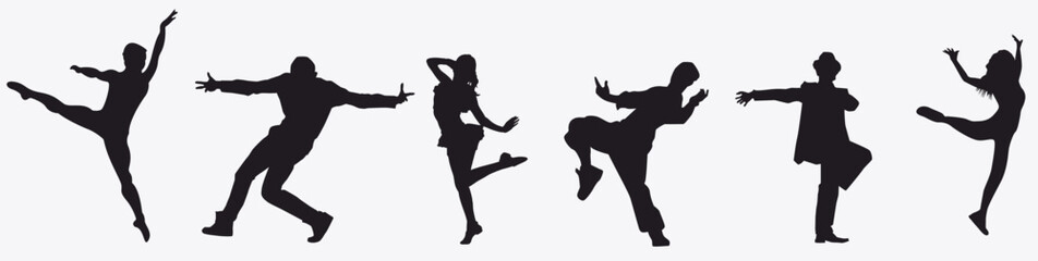 Set of dancing people silhouette. Crowd of young people dancer. 