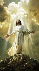Jesus standing with rays and clouds in the background, cinematic scene