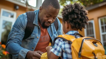 dad helping his kid get ready for a first day of school and pack his backpack