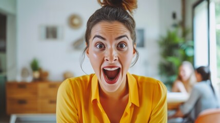 Surprised Young Woman in Co-working Space Reacting to Exciting News