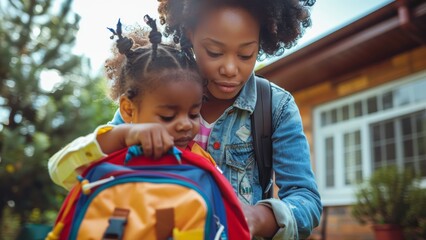 mom helping his kid get ready for a first day of school and pack his backpack