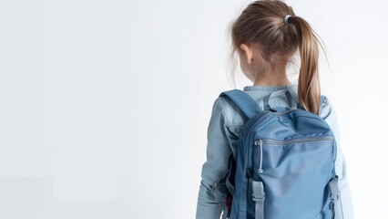 backview of a little girl with a denim backpack getting ready for her first day of school on a blank white background