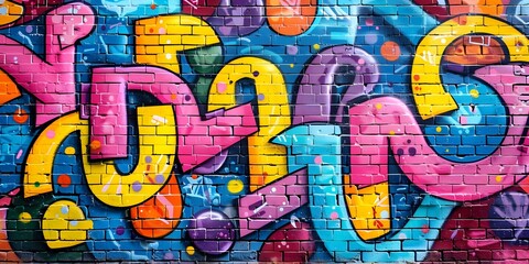 Vibrant Graffiti Letters Animate a Textured Brick Wall with Bold Colors and Playful Shapes