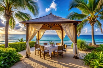 Elegant Beachfront Gazebo with Ocean View Dining - Tropical Paradise. Al Fresco Dining Concept
