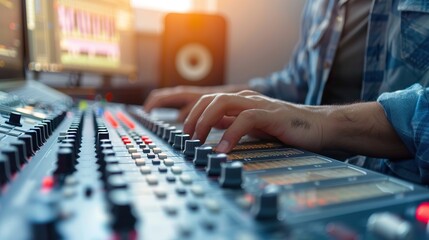 Fototapeta premium A close-up of a mixing console device used by a man working as professional sound engineer