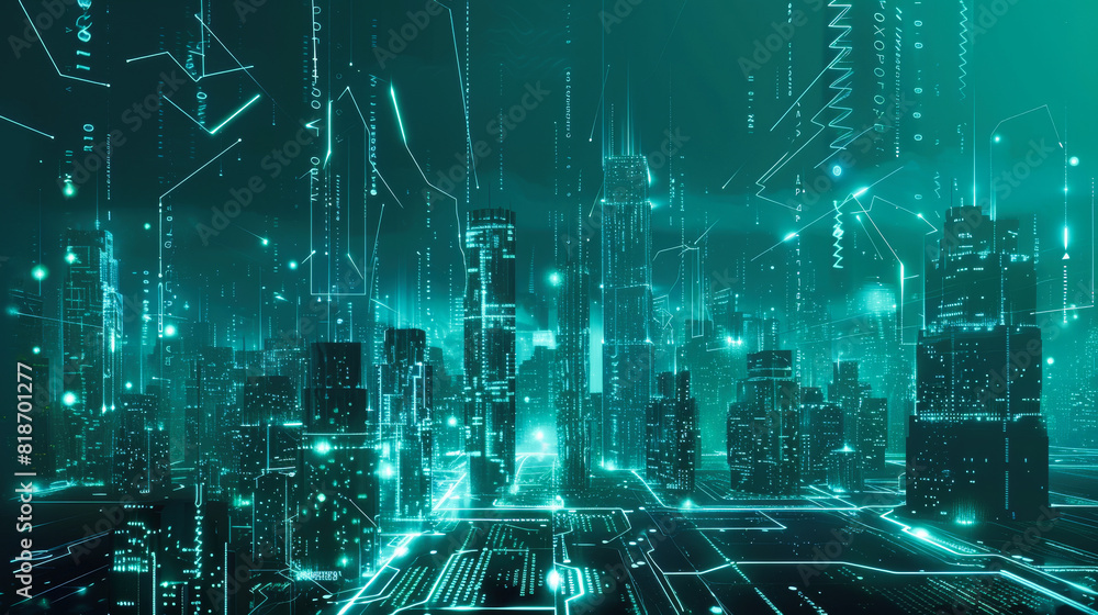 Poster a digital cityscape with holographic elements and circuit patterns