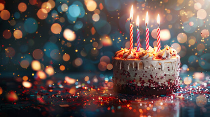 A birthday cake with candles on blurred background
