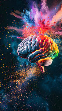 A colorful human brain with exploding color dust against a dark background. Brilliant ideas concept.