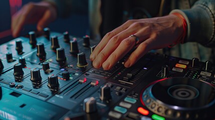 Close-up of male DJ's hand controlling sound with professional controller.