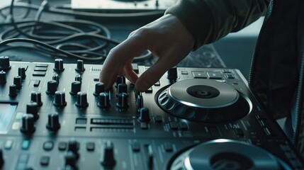 Obraz premium Close-up of male DJ's hand controlling sound with professional controller.