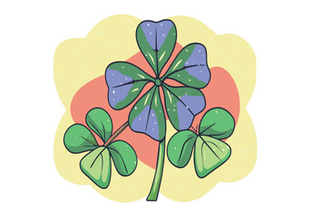 A drawing of a blue and green clover with a red background