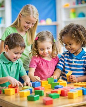 Pre-School Children Playing &ndash; 4:5 Ratio: Portrait of preschool children engaged in educational play with colorful blocks and puzzles at school.
