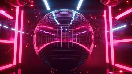 Seamless Neon Disco ball VJ loop animation for music broadcasts, nightclubs, music videos, LED screens and projectors. Glamor and fashion events, jazz, pop, parties and discos.