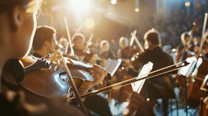 Zoom in on an orchestra performing a concert on stage.