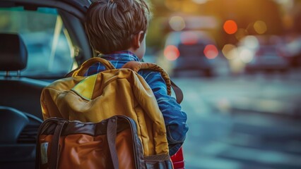 Obraz premium a back view of a small boy with a backpack on his first day of school