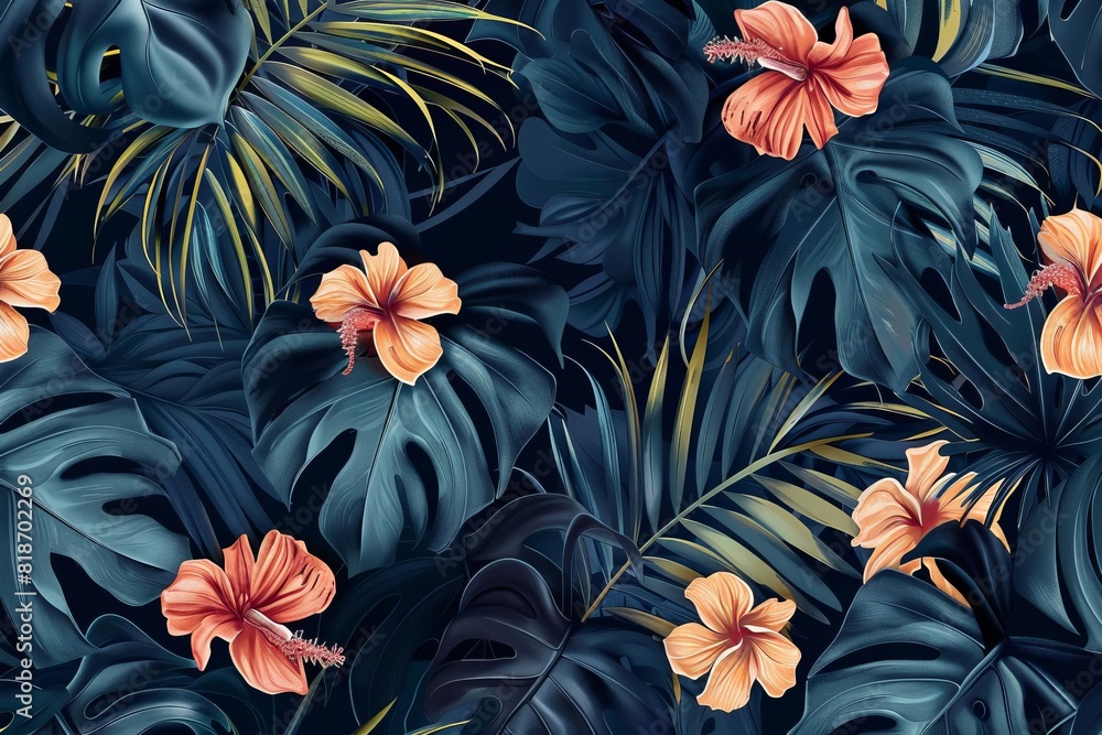 Wall mural bold tropical leaves and flowers pattern vector design