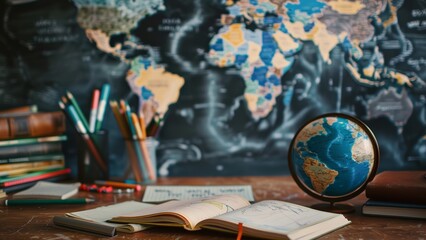 photo of a school blackboard with drawn schemes, a globe and lots of books in front of it
