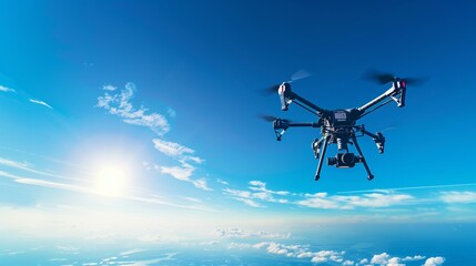 A drone flying in the sky, capturing aerial footage with a high-resolution camera, showcasing the capabilities of modern technology in photography and videography.