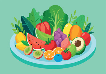 A plate of fruits and vegetables including watermelon, grapes, tomatoes