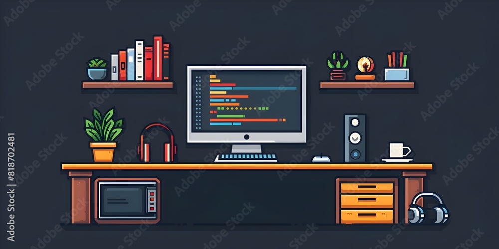 Poster Stylish and Functional Web Development Workstation with Minimal Decor and Tech Equipment for Productive Coding and Software Engineering