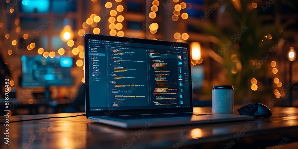 Poster cozy coding workspace with vibrant bokeh lights illuminating a programmer s laptop screen