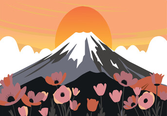 A mountain with a sun in the background and flowers in the foreground