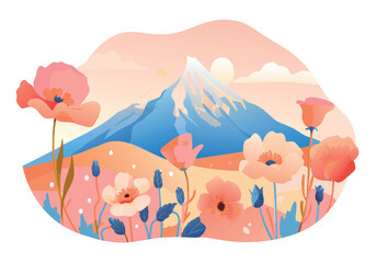 A mountain with a blue sky and a bunch of flowers