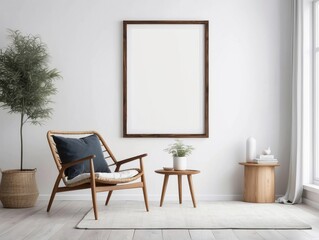 blank poster frame, home interior armchair, table and decor in living room, white wall background