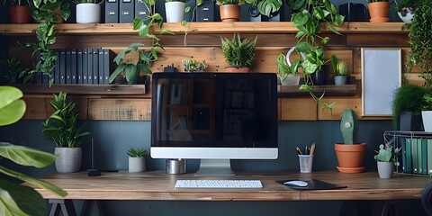 Minimalist and Efficient Home Office Workspace with Shelves and Greenery