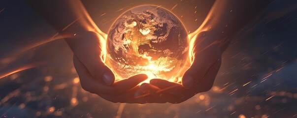 Closeup of hands cradling a small Earth globe