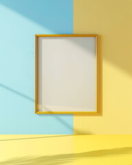A gold framed white frame with a blank white background. The frame is on a wall with a blue and yellow color scheme. The frame is empty, but it creates a sense of balance
