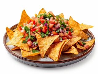 An aerial shot showcasing a vibrant plate of nachos with colorful toppings set against a white backdrop