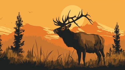 A large elk stands in a field of grass, silhouetted against a setting sun. The elk is majestic and powerful, a symbol of the wild beauty of nature.