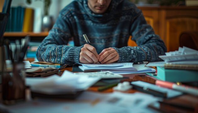 A man is writing in his journal while sitting at his desk.