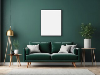 blank poster frame, home interior armchair, table and decor in living room, dark green wall