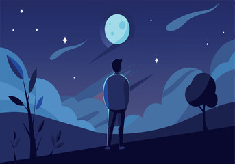 A man is standing in a field at night, looking up at the moon