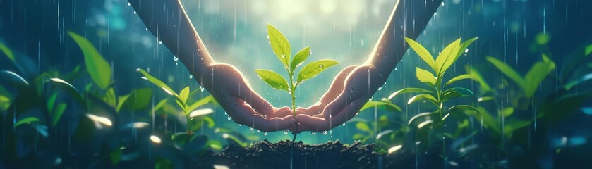 hands planting a sprout in a storm, water green leaves