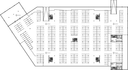 vector illustration sketch design drawing of basement floor plan of multi-storey building, skyscraper mall with modern shape in big city