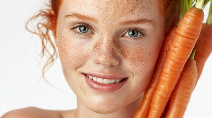 Closeup portrait of a beautiful young redheaded woman holding a bunch of fresh carrots