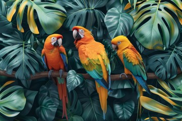 Fototapeta premium Colorful parrots sit on a branch in a lush green jungle setting.