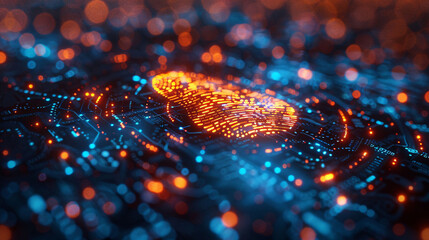 Future digital processing of technology biometric fingerprint scanner, concept of digital program monitoring and security scanning