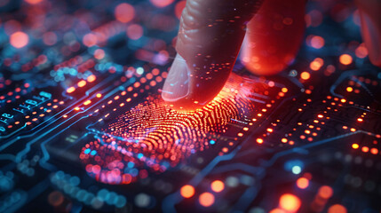 Future digital processing of technology biometric fingerprint scanner, concept of digital program monitoring and security scanning