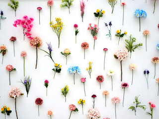Different flowers regularly lie on a white background. Beautiful festive background or texture for...