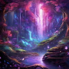 Colorful forest and waterfall scene