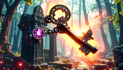 a mysterious key with magical power. The keys are decorated with shining jewels, and there is a magical aura around them. The background is an ancient site in a mysterious forest