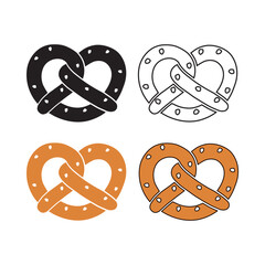 A set of brezel icons. Silhouette, outline, color icon. A bakery product in the shape of a pretzel, popular in Southern Germany, Austria and German Switzerland. Vector illustration isolated.