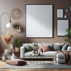 A living Room with a mockup poster empty white and with a couch and a lamp art image card design lively meaning.
