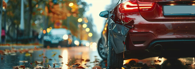 A red car is parked on the side of the road with a smashed bumper. The car is in the middle of a busy street with other cars and a truck in the background. The scene is dark and rainy - Powered by Adobe